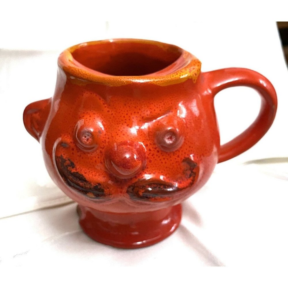 Vintage Red Ceramic Mustache Mug Face Whimsical Studio Pottery Moustache Cup